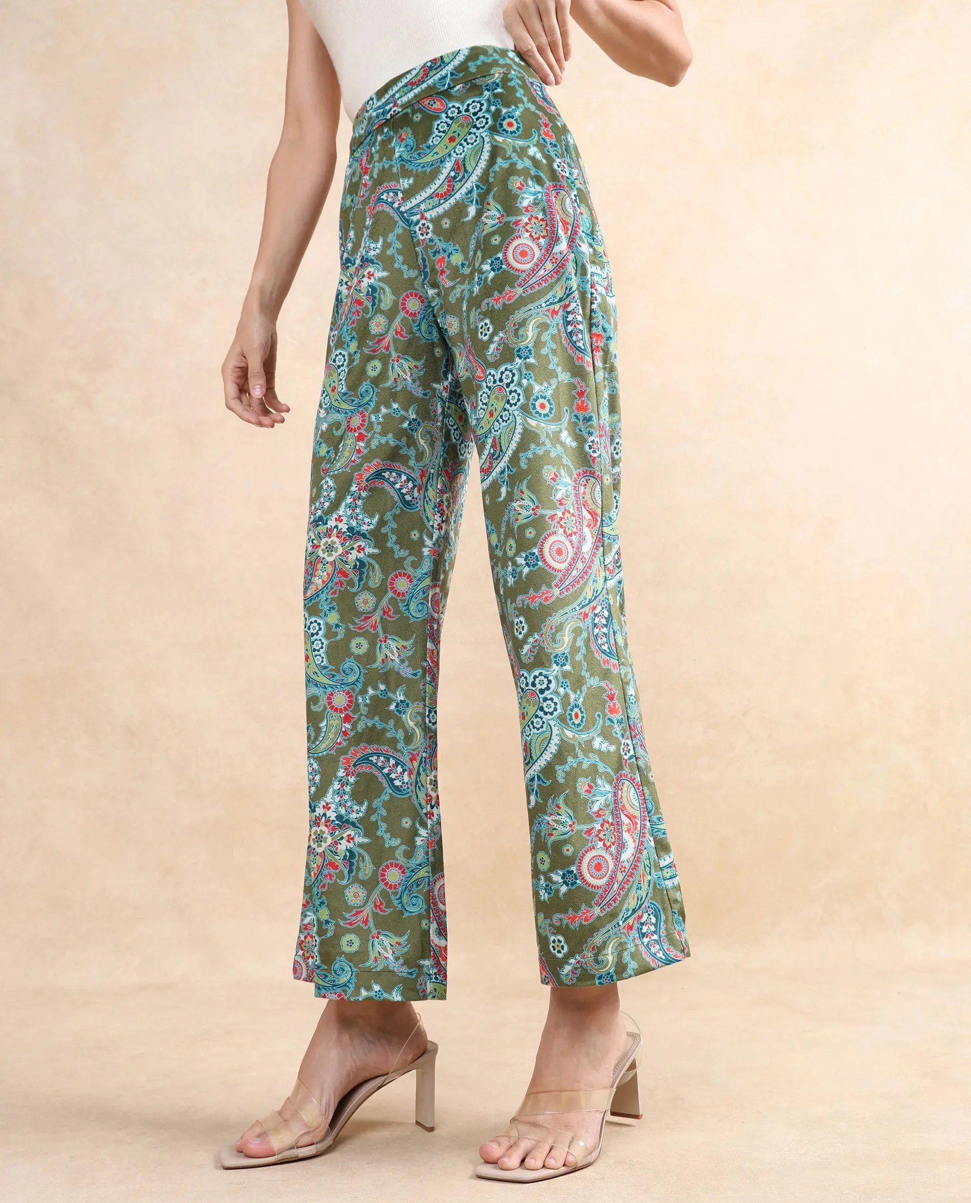 Rareism Women Camder-B Multi Velvet Zipper Closure Bootcut Ankle Length Paisley Print Trouser