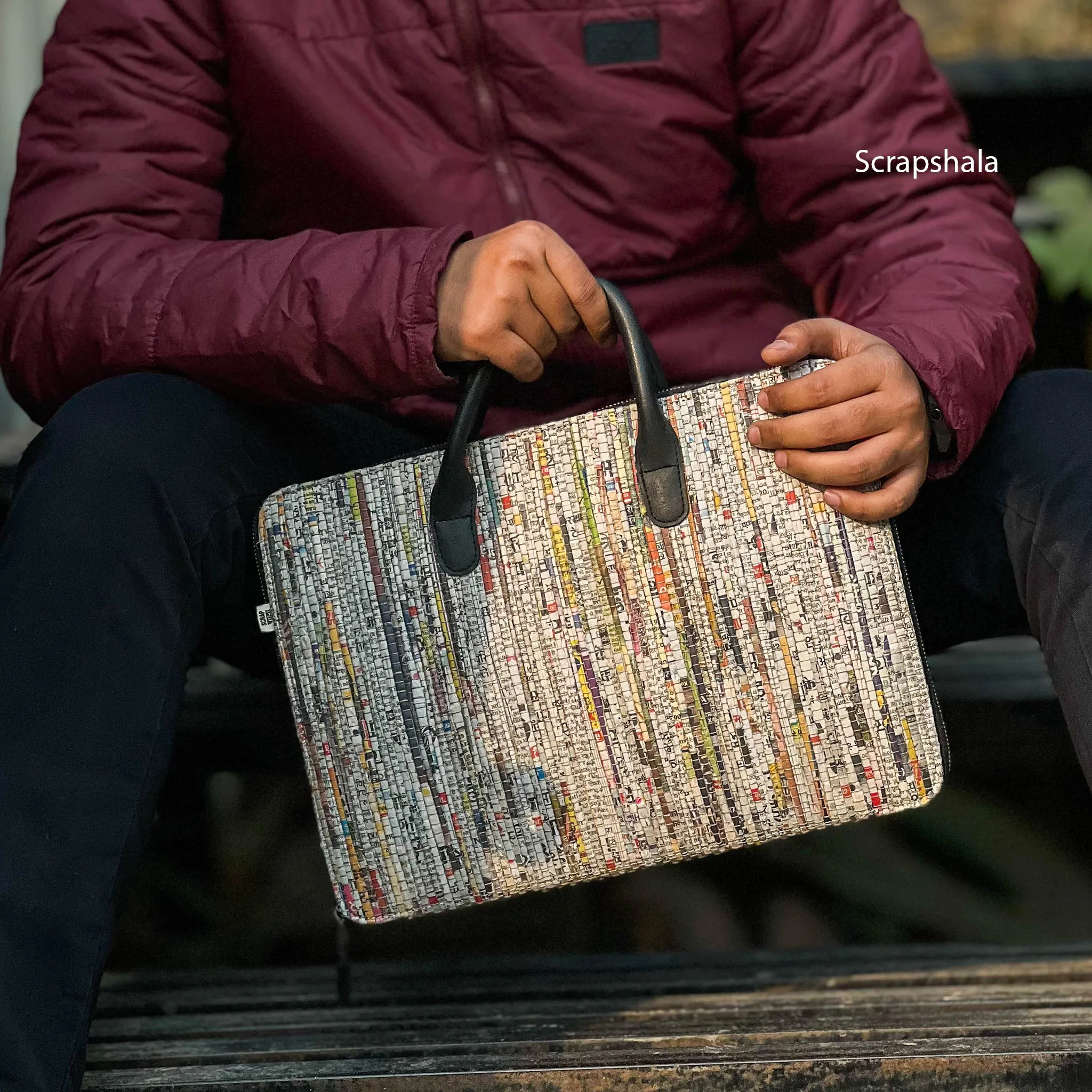 Scrapshala Minimalist Charcha Laptop Bag | Upcycled | Handloom textile