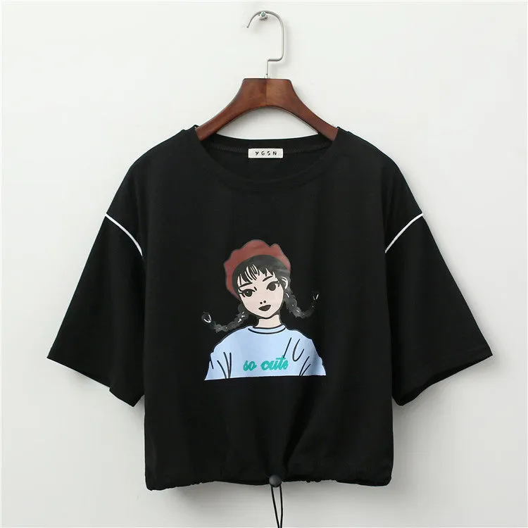 So Cute Print Harajuku Style Crop Top Loose Shirt