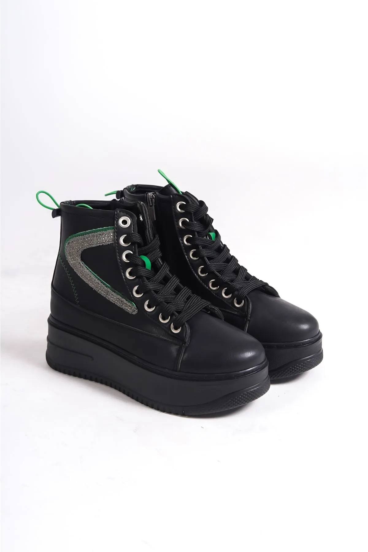 Women's Black Thick Soled Sports Boots with Green Detail