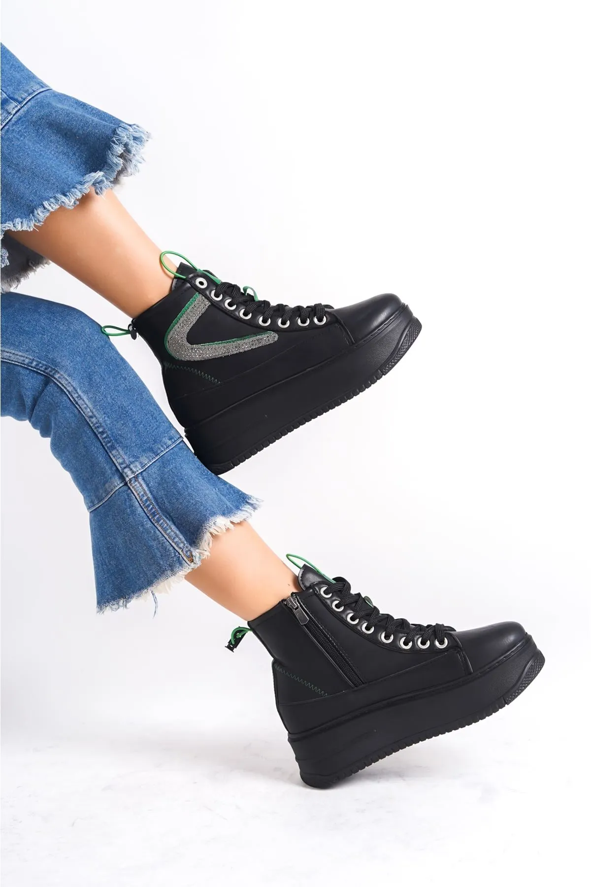 Women's Black Thick Soled Sports Boots with Green Detail