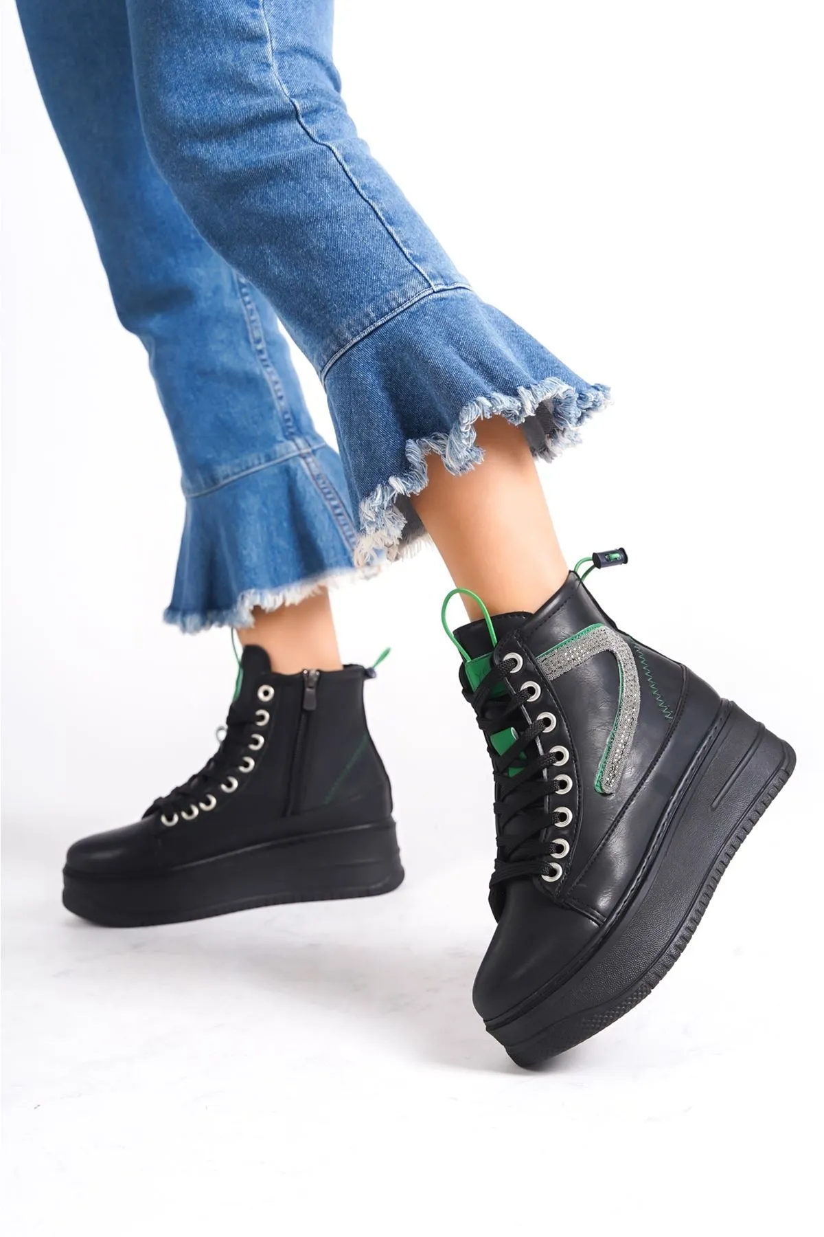 Women's Black Thick Soled Sports Boots with Green Detail